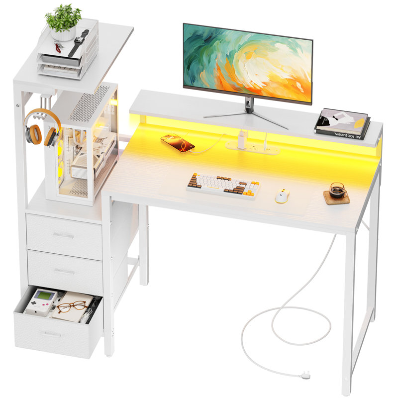 Steel Computer Desk with Built-In Electrical Outlet, 116cm. H x 112cm. W x 50cm. D, White