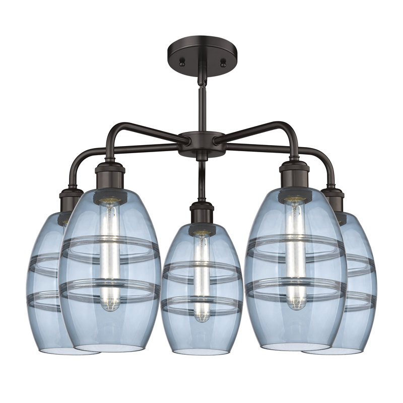 Lustre rond / ovale à abat-jour 5 lumières, H 13,63 po x l 23,88 po x P 23,88 po, Bleu princesse, Bronze huilé
