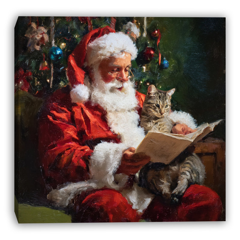 Père Noël lisant avec un chat, art mural sur toile, H 20 po x l 20 po