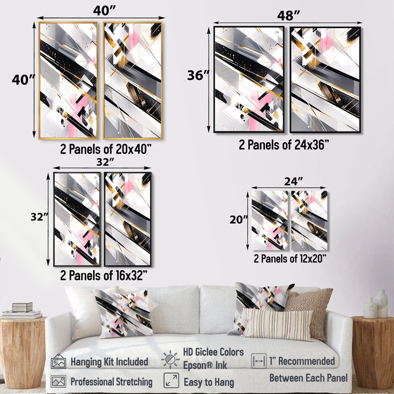 «Pink Grey Gray Symmetometric Abstract - Large Cubism Canvas Wall Art 2-Panels», 32" H x 32" W, Impression encadrée flottante