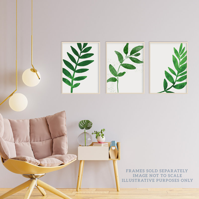 Simple Elegant Plant Leaf Foliage Bright Green Watercolour - 3 Piece No Frame Print Set, 29.7cm H x 21cm W x 0.4cm D