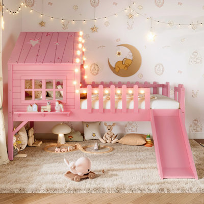 Solid Wood House Loft Bed With LED Lights, Slide And Star Moon-Shaped Design