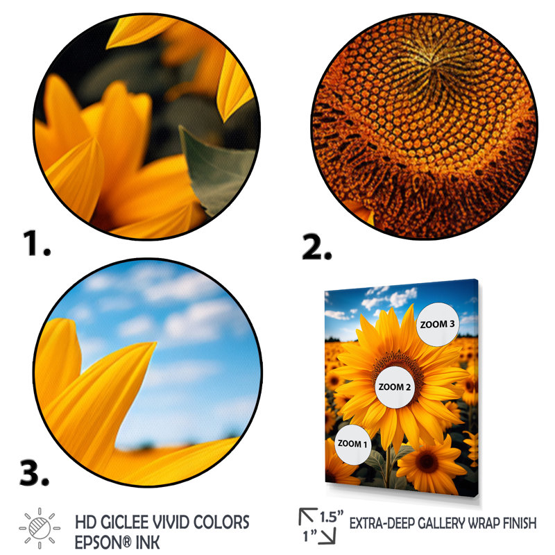 «Besharat Yellow Dancing Sunflowers III», reproduction sur toile, Encadrement doré, H 40 po x l 30 po x P 1,5 po