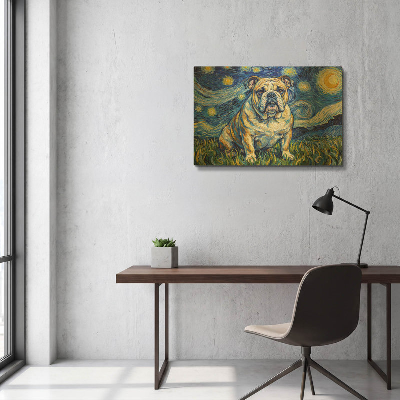 «Bulldog Starry Night» par Rich Monet, art mural en métal doré, 36 po x 24 po, 36"x24"