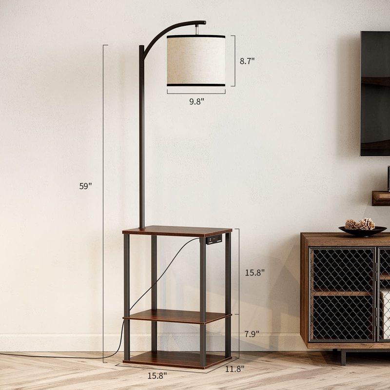 Floor Lamp with Table, Brown Wood