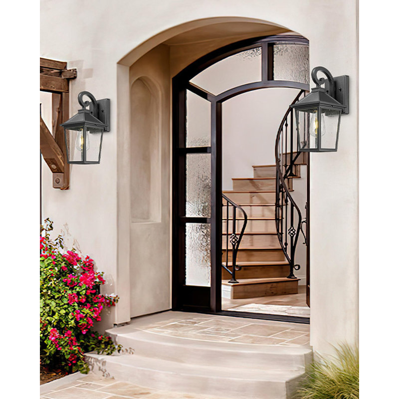 Outdoor Wall Lantern With Seeded Glass, Matte Black Finish, 13.98" H x 4.33" W x 7.87" D, 60 W