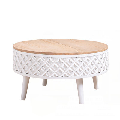 Round Coffee Table With Storage – Lift-Top Accent Table, Boho Modern Farmhouse Living Room Furniture, Carved Base