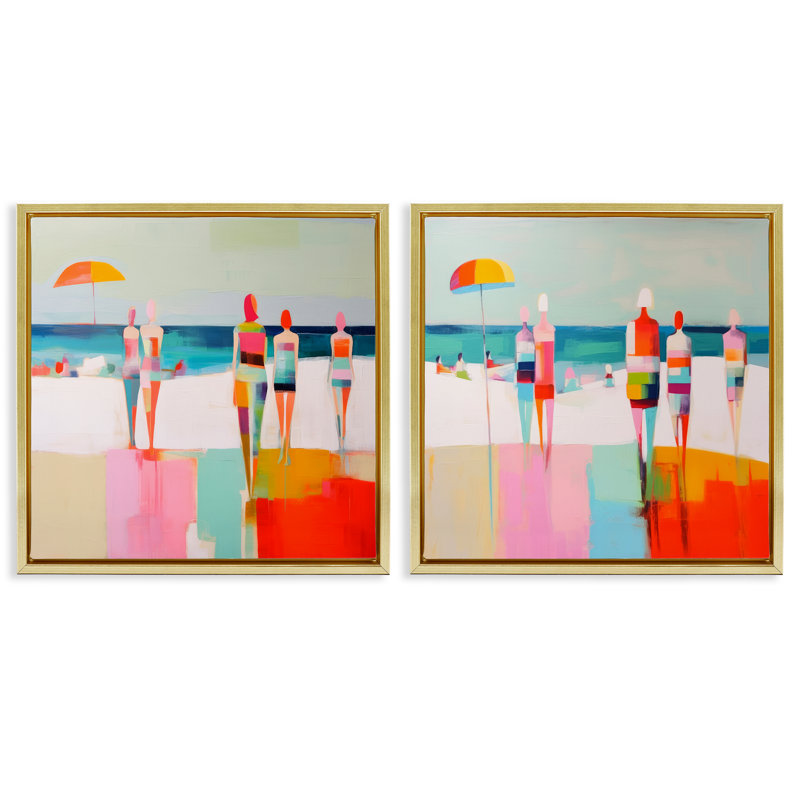 «Abstract Beach Goers», ensemble de 2 toiles flottantes encadrées par Irena Orlov, Cadre flottant métallique doré