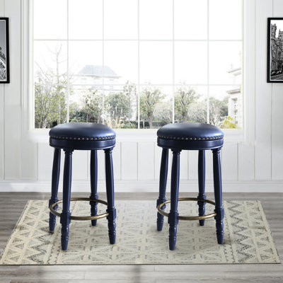 De 2 tabourets de bar de 26 po, siège en cuir bleu foncé, pivotant à 360 degrés, siège d'appoint pivotant en bois pour les tabourets de salle à manger et de salon (2), plusieurs espaces appropriés