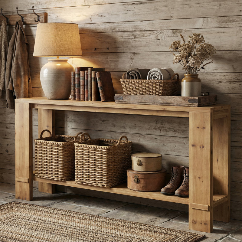 Console en bois massif 70,87 po, canapé de style campagnard étroit avec double rangement pour l'entrée, le couloir et le salon, brun chêne clair