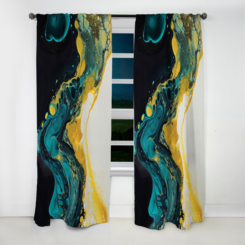 Sarcelle et jaune liquide Dreams III - rideau abstrait - rideau occultant abstrait - 1 panneaux, L 52 po x L 95 po