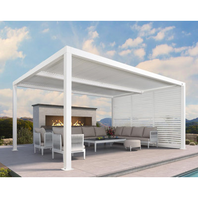 Purple Leaf Louvered Pergola Outdoor White Aluminum Pergola With Fixed Shutter Wall Adjustable Roof Gazebo For Patio Backyard, 1 Short Side