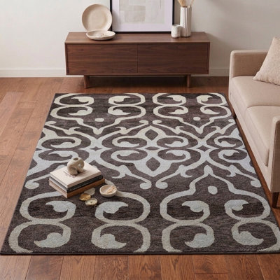 Contemporary 3' x 5' Brown Beige Hand Knotted Silk Rectangle Indoor Area Rug