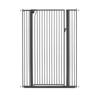Barrière extra haute pour chats, largeur réglable de 74 à 104 cm, hauteur de 142 cm pour chiens, espacement étroit des barreaux de 3,3 cm, pour portes et maisons, noir, avec kit de fixation par pression et ensemble de fixation murale.