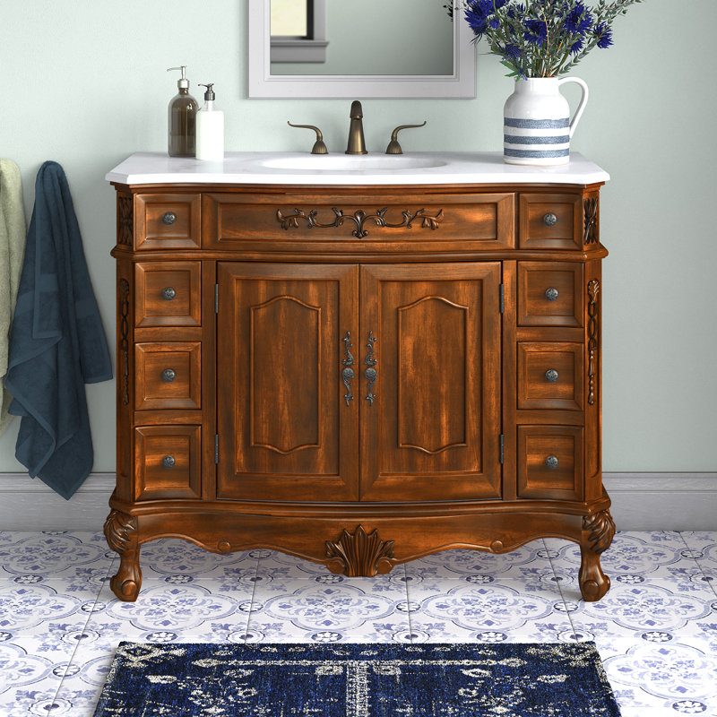42'' Single Bathroom Vanity with Top, Teak, Pure White
