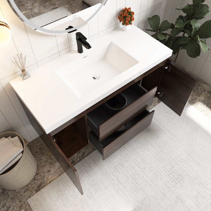 Meuble-lavabo mural simple avec plateau en résine Scottsburg, Chêne gris