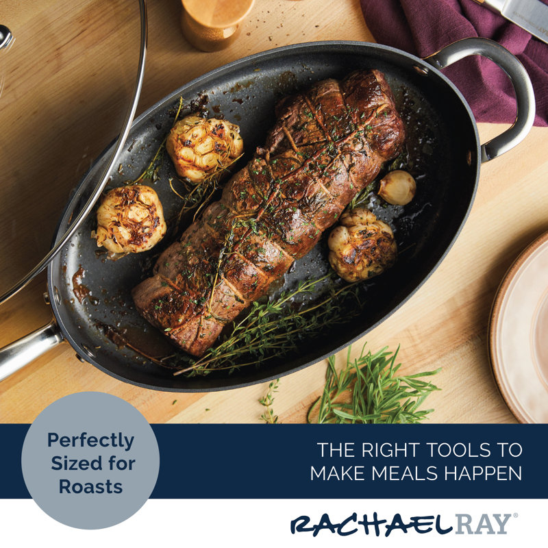 Rachael Ray Hard Anodized Nonstick Cookware Oval Saute Pan With Helper Handle And Lid, 5 Quart, Gray