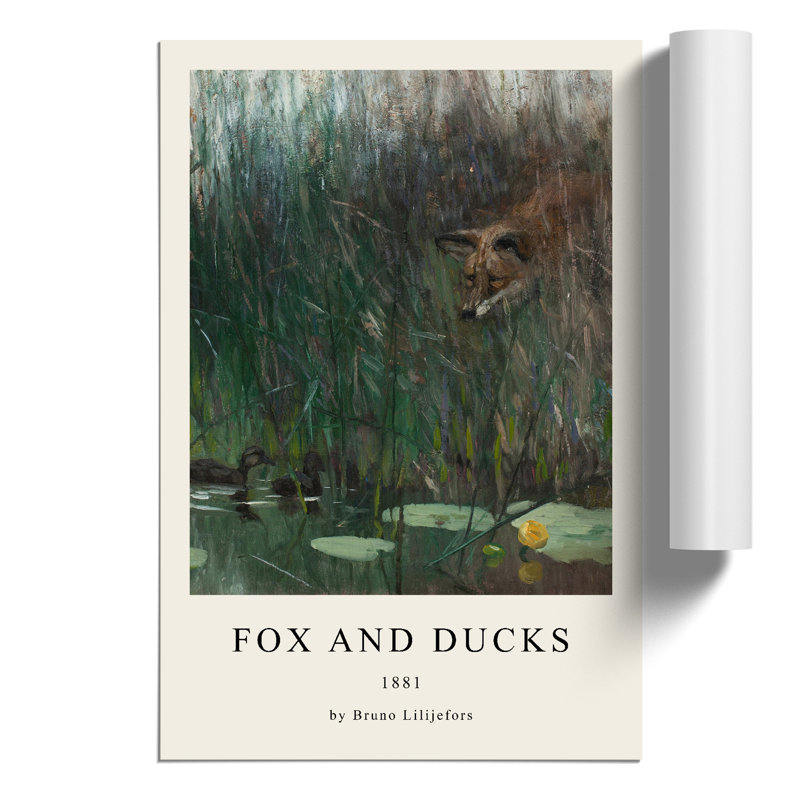 Fox Stalking Ducks by Bruno Liljefors - No Frame Painting, 59cm H x 42cm W x 0.1cm D