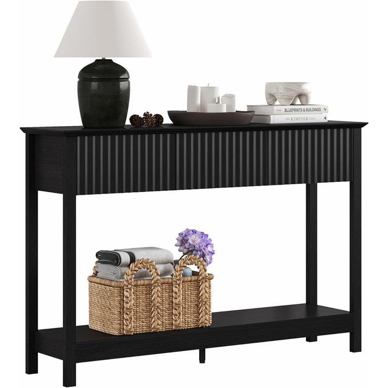 47" Fluted Console Table With 3 Drawers, Narrow Long Entryway Table With Storage And Shelf, 2-tier Sofa Table Behind Couch Accent Tables For Entrance Foyer, Hallway, Living Room, Black