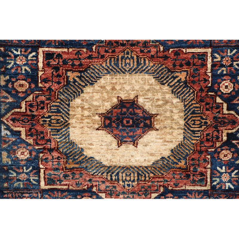 Hand-Knotted High-Quality Navy, Red, and Beige Runner