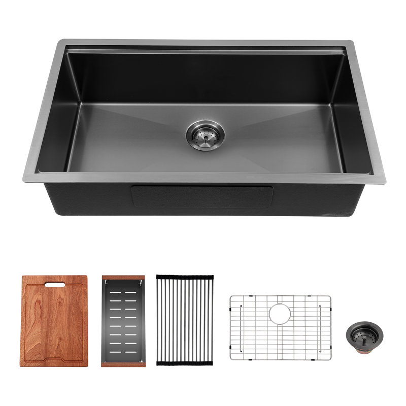28"L x 18"W Undermount Workstation Kitchen Sink Single Bowl Stainless Steel Kitchen Sink with Cutting Board, 28" L x 18" W