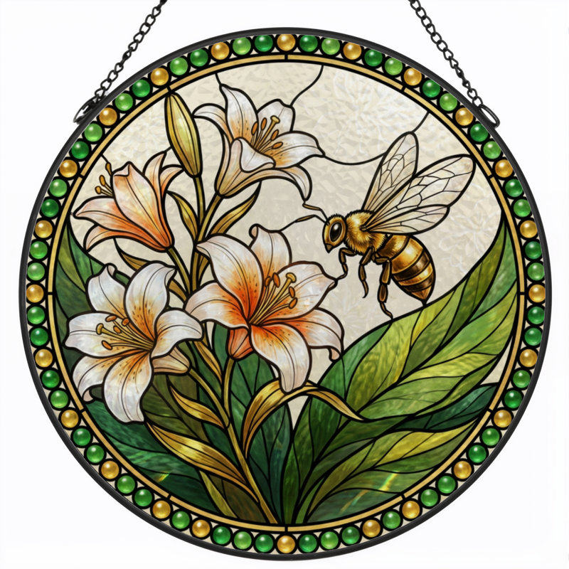7.8"H Lily Bee Stained Glass Window Panel, 7.8" H x 7.8" W