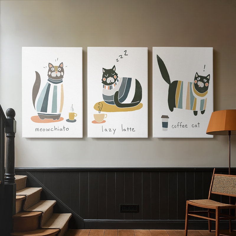 Coffee Cats I - Toile tendue avec châssis sur mesure - 3 pièces, H 18 po x l 36 po