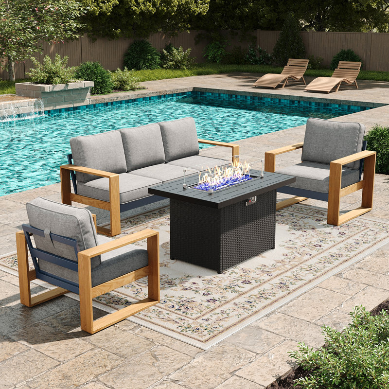  4 Pieces Aluminum Patio Furniture Set With Fire Pit Table, Oversized Seat With Hight Back Outdoor Conversation Sets