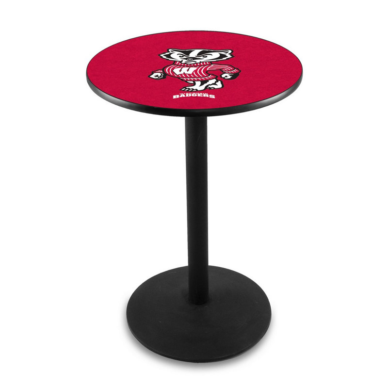 Round Metal Base Dining Table, Black Wrinkle, University of Wisconsin - "W" Logo