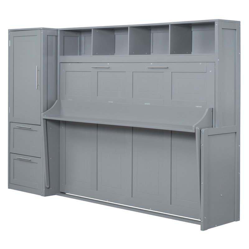 Lit escamotable mural avec placard et tiroirs Murphy, Gris, Double