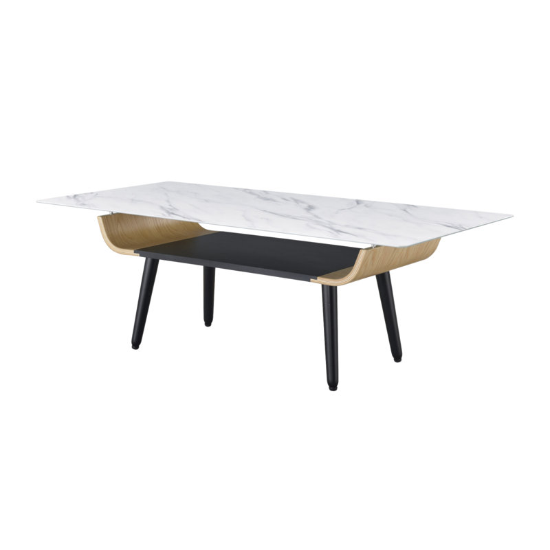 Landon 47" Coffee Table With Glass White Marble Texture Top And Bent Wood Design, White