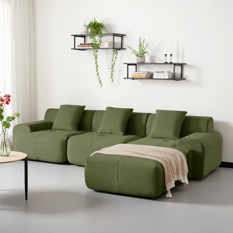 Canapé modulaire de 113 po, canapé en L en velours côtelé vert avec repose-pieds mobile et 3 coussins, aucun assemblage requis, canapé de salon à assise profonde