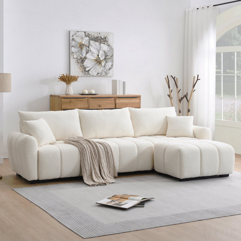 110" Modular Sectional Sofa, L Shape With Extra-Large Seat, Pull-Line Design, Movable Ottoman, High Density Foam, Free Combination, Sturdy Metal&Wood Frame, Boucle Fabric