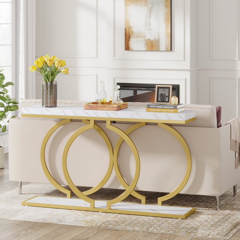 Korrion 55.11" Console Table with Metal Frame, Narrow Sofa Table for Living Room, Entrance, Hallway, White/Gold