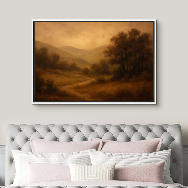 «Warm Golden Valley Landscape with Soft Hills and Trees», reproduction d'art sur toile encadrée, Cadre blanc