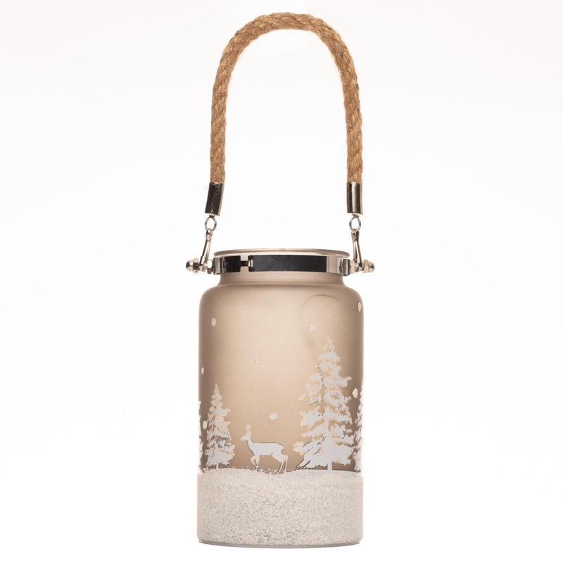 16cm Christmas Decorated Jar Table Forest Scene Frosty Lantern with Warm White LED Light