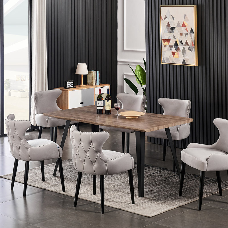 Ricky 6 Person Dining set - a Rectangular Wooden Dining Table with Metal Legs and a Set of 6 Quilted Velvet Dining Chairs for Dining Room - Modern Dining Table Set