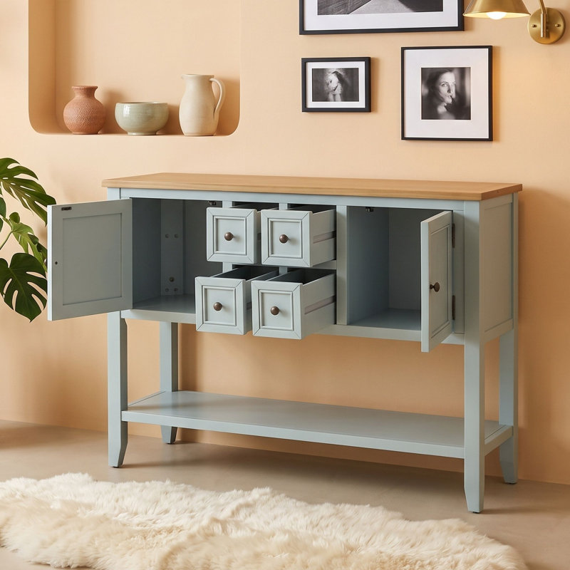 Console rétro avec 4 tiroirs, 2 armoires de rangement, tablette inférieure ouverte et poignées en métal, Lime / blanc