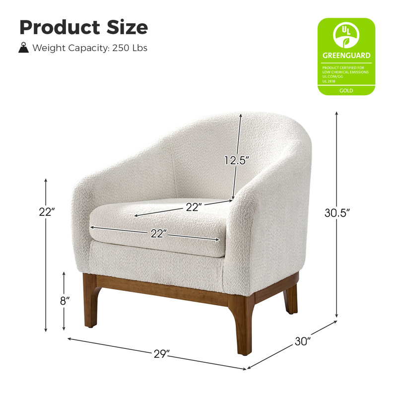 Fauteuil demi-tonneau rembourré avec pieds en bois massif Berklie, Laine ivoire