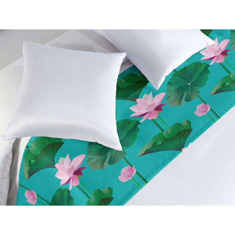 Chemin de lit Ambesonne bleu et rose feuilles de lotus vert rose pâle, Très grand lit