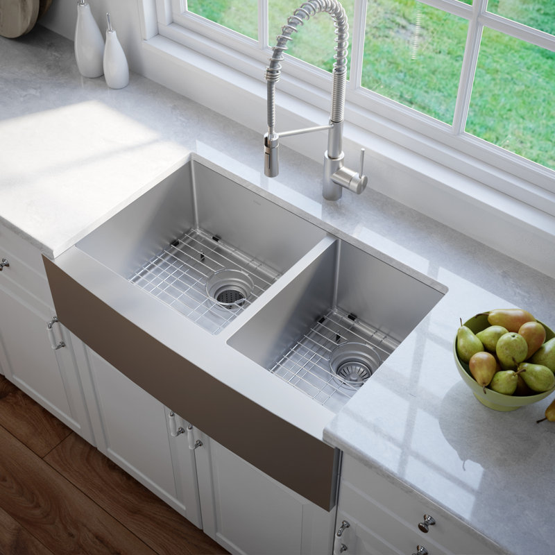 36-Inch Satin Stainless Steel Double Bowl Farmhouse Kitchen Sink