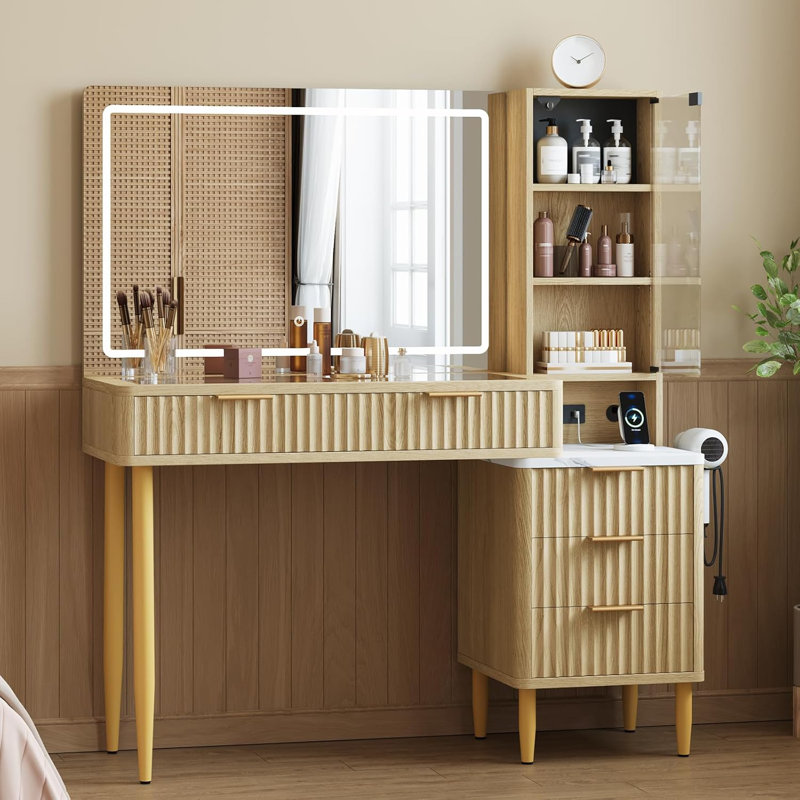44" Makeup Vanity Desk with Lights, Fluted Wooden Dressing Table (Oak) - 5 Drawers, Adjustable Shelves, Modern Glass Top & Charging Station for Bedroom