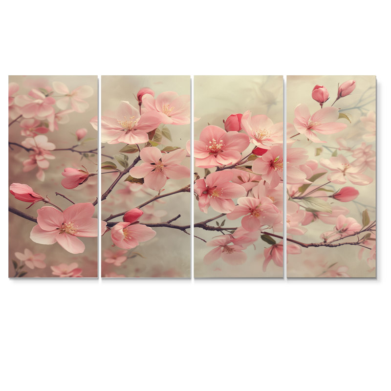 Fleurs de pommier roses et grises du printemps II - ensemble d'art mural, H 28 po x l 48 po
