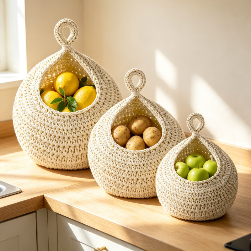 Ensemble de 3 paniers de rangement suspendus en corde de coton faits à la main