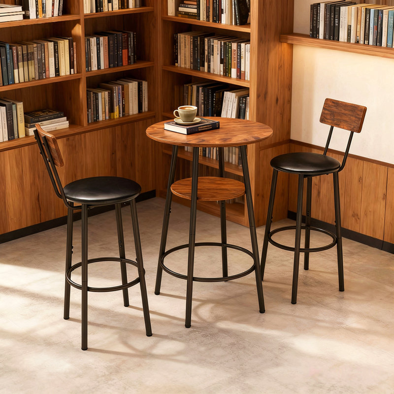 Ensemble de table de bar et de chaises 3 pièces, petite table de salle à manger pour 2 personnes avec rangement à 2 niveaux et 2 tabourets de bar rembourrés en polyuréthane