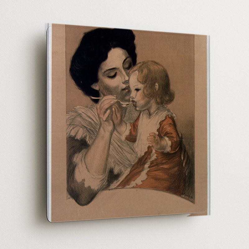 Lithographie vintage Belle Époque représentant une mère et son enfant allaitant (années 1900) — Décoration murale carrée en métal