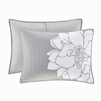 Ensemble de couette réversible imprimé en satin de coton 6 pièces, gris/pêche, taille grand lit/queen