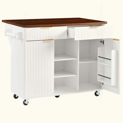 Fluted Kitchen Island With Drop Leaf, Power Outlet,  Kitchen Storage Cart With Adjustable Shelves, 2 Doors And 2 Drawers, Rolling Island Table With Walnut Color Top For Kitchen