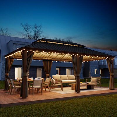 Pavillon de jardin 12 pi x 20 pi avec filet et rideaux, pavillon en aluminium à transfert de chaleur extérieur