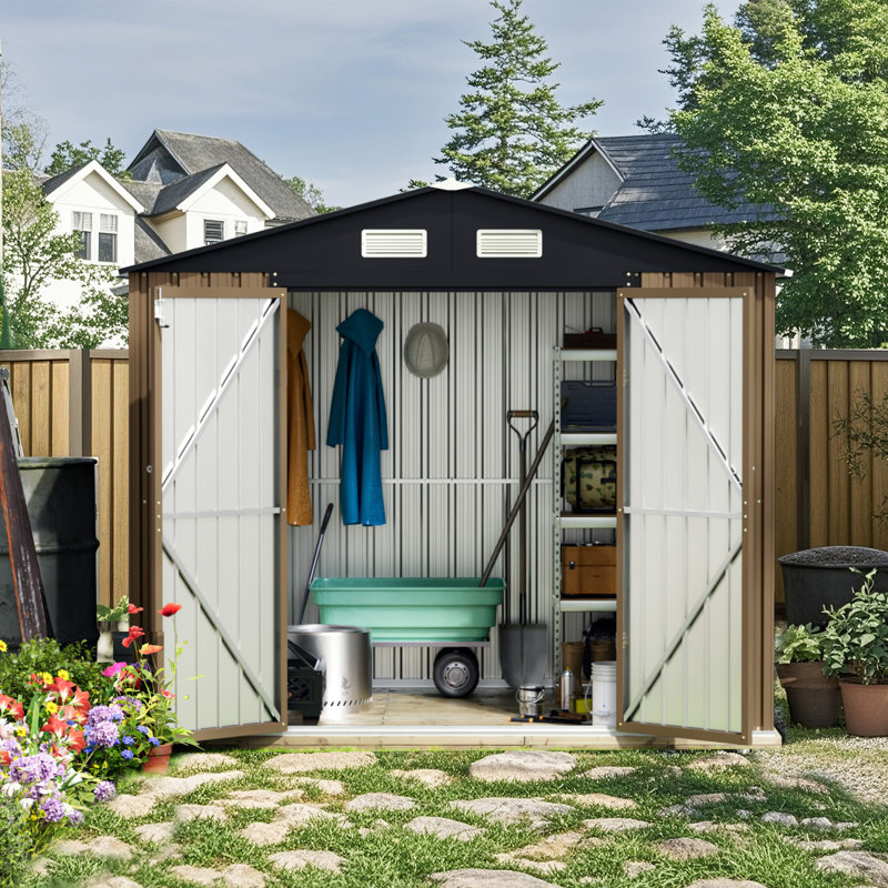 Outdoor Metal Storage Shed with Windows, 8 Ft. W x 10 Ft. D, Brown